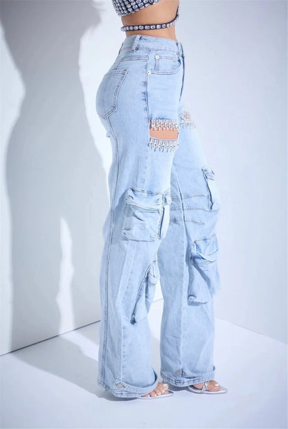 Women's High Waist Wide Leg Rhinestone Cargo Jeans - Loose Baggy Pants