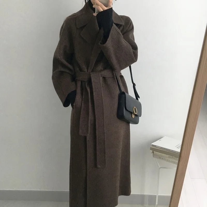 Elegant Belted Long Wool Drop Shoulder Overcoat