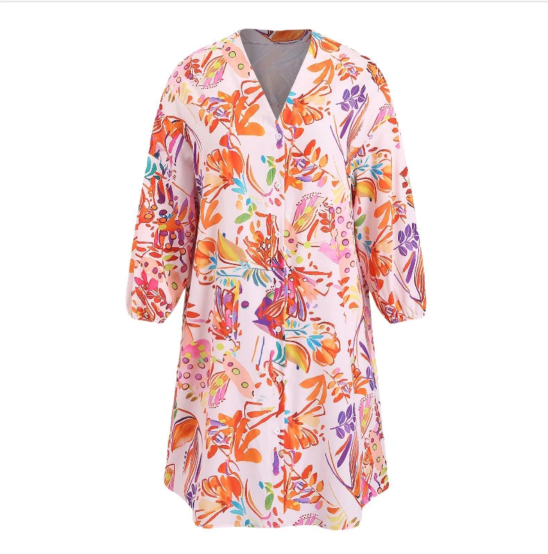 Plus Size Floral Print Midi Shirt Dress - Long Sleeve Vacation Dress
