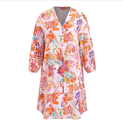 Plus Size Floral Print Midi Shirt Dress - Long Sleeve Vacation Dress