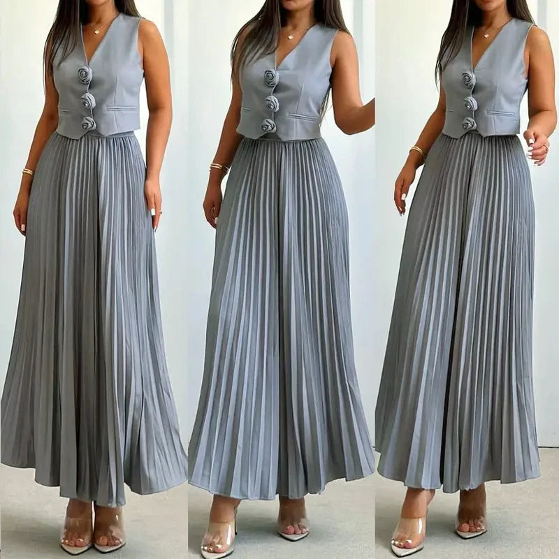 V-Neck Sleeveless Flower Vest & Pleated Long Skirt