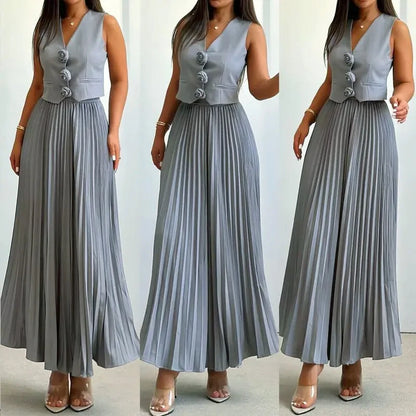 V-Neck Sleeveless Flower Vest & Pleated Long Skirt
