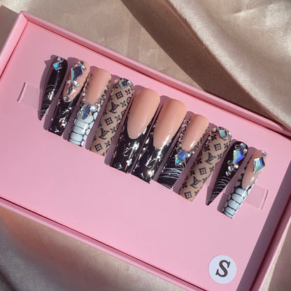 XL Glittery Rhinestone Press-On Nails - 50mm Long Full Cover Artificial Nails