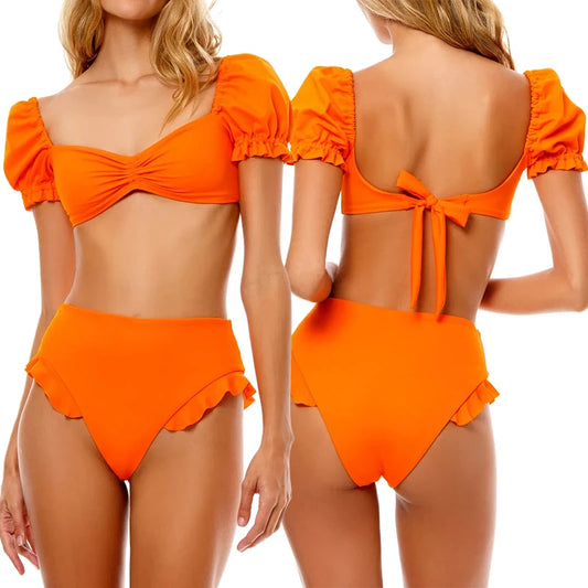 Women's Puff Sleeve Bikini Set - Two Piece Swimsuit