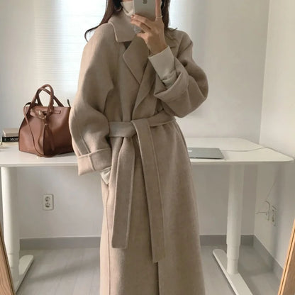 Elegant Belted Long Wool Drop Shoulder Overcoat