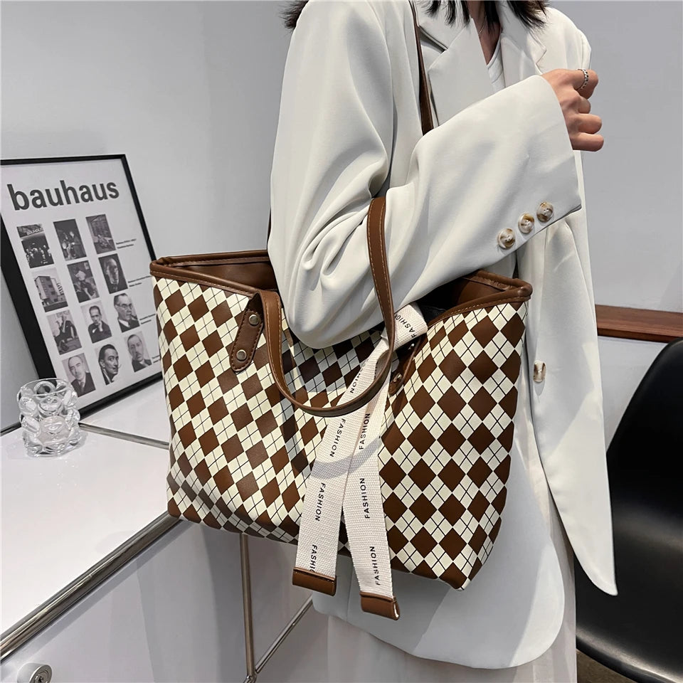 Large Plaid Designer Shoulder Handbag with Ribbon Detail