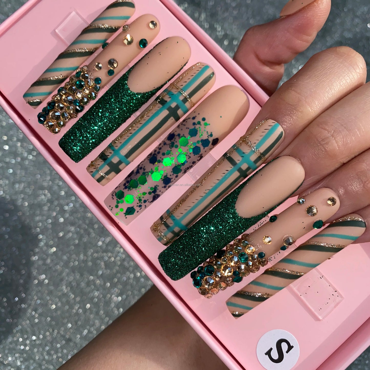 XL Glittery Rhinestone Press-On Nails - 50mm Long Full Cover Artificial Nails