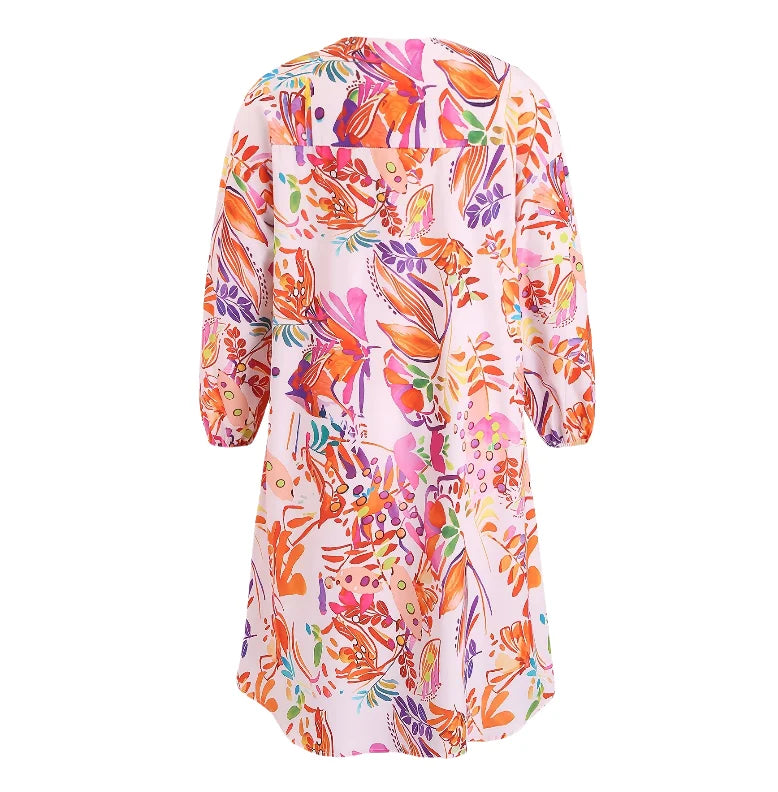 Plus Size Floral Print Midi Shirt Dress - Long Sleeve Vacation Dress