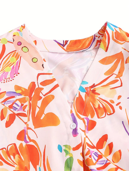 Plus Size Floral Print Midi Shirt Dress - Long Sleeve Vacation Dress