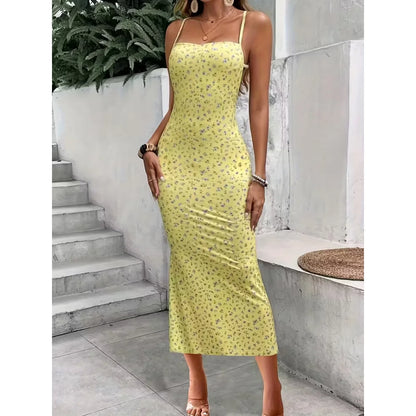 Floral V-Neck Maxi Spaghetti Strap Bodycon Summer Dress