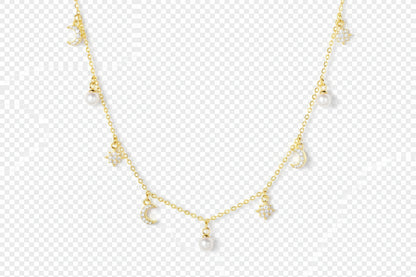 Sterling Silver Moon Star Pearl Necklace - Natural Freshwater Pearl with Cubic Zirconia