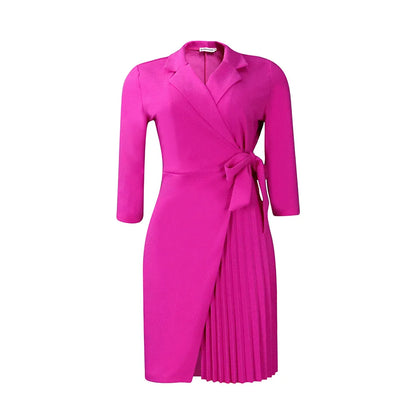 Pleated Suit Collar with Tie Waist Dress