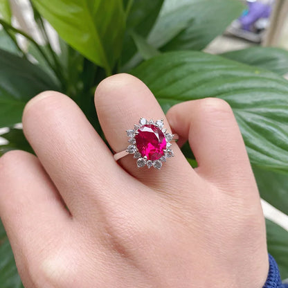 Lab-Grown Ruby Ring - Oval Cut 925 Sterling Silver Pavé Setting