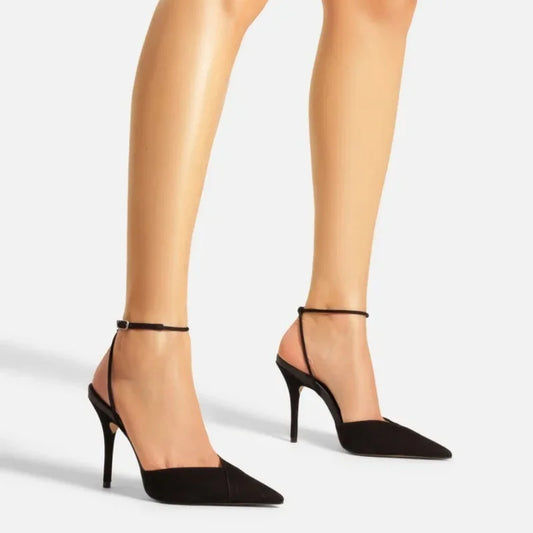 French-Style Pointed Toe Ankle Strap High Heel Shoes - Button Detail