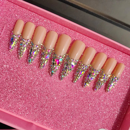 Duck Blue Press-On Nails - Oval French Tip Artificial Fingernails