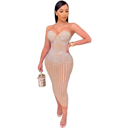 Crystal Embellished Sling Dress - Sheer Mesh Party Dress