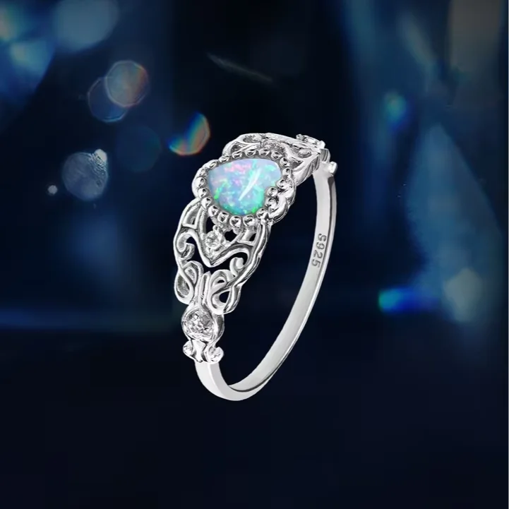 Heart Shape Opal Ring - 925 Sterling Silver Rhodium Plated
