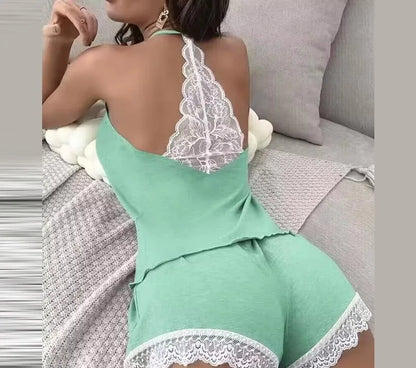 Crochet Lace Sleeveless V-Neck 2-Piece Summer Sleepwear