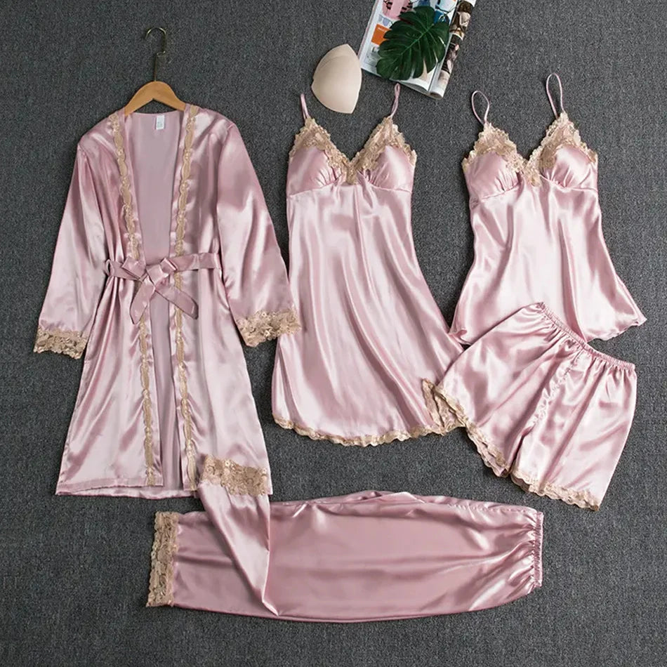Luxury Golden Lace Satin Pajama 5-Piece Summer Sleepwear