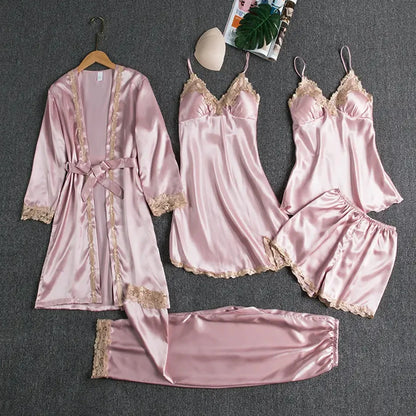 Luxury Golden Lace Satin Pajama 5-Piece Summer Sleepwear