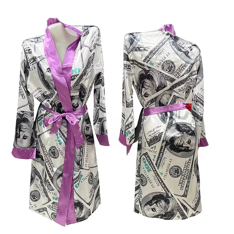 Luxury Money Print Satin Bathrobe & Sash