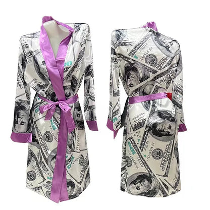 Luxury Money Print Satin Bathrobe & Sash