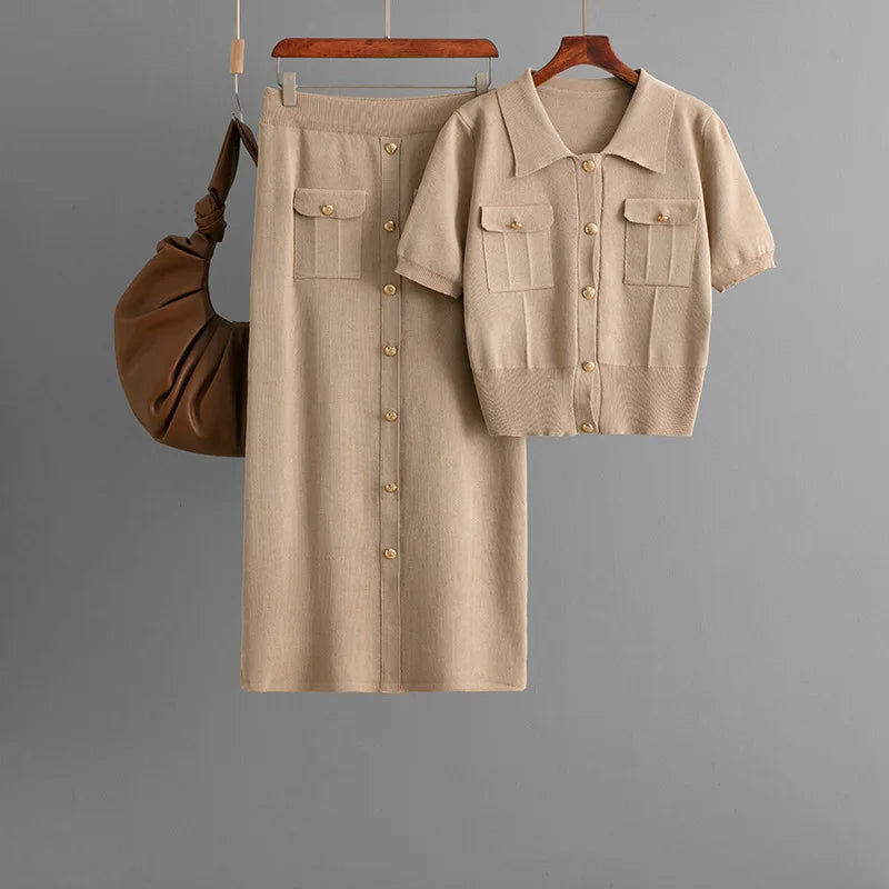 Button Collar Short Sleeve Top & Ankle-Length Skirt