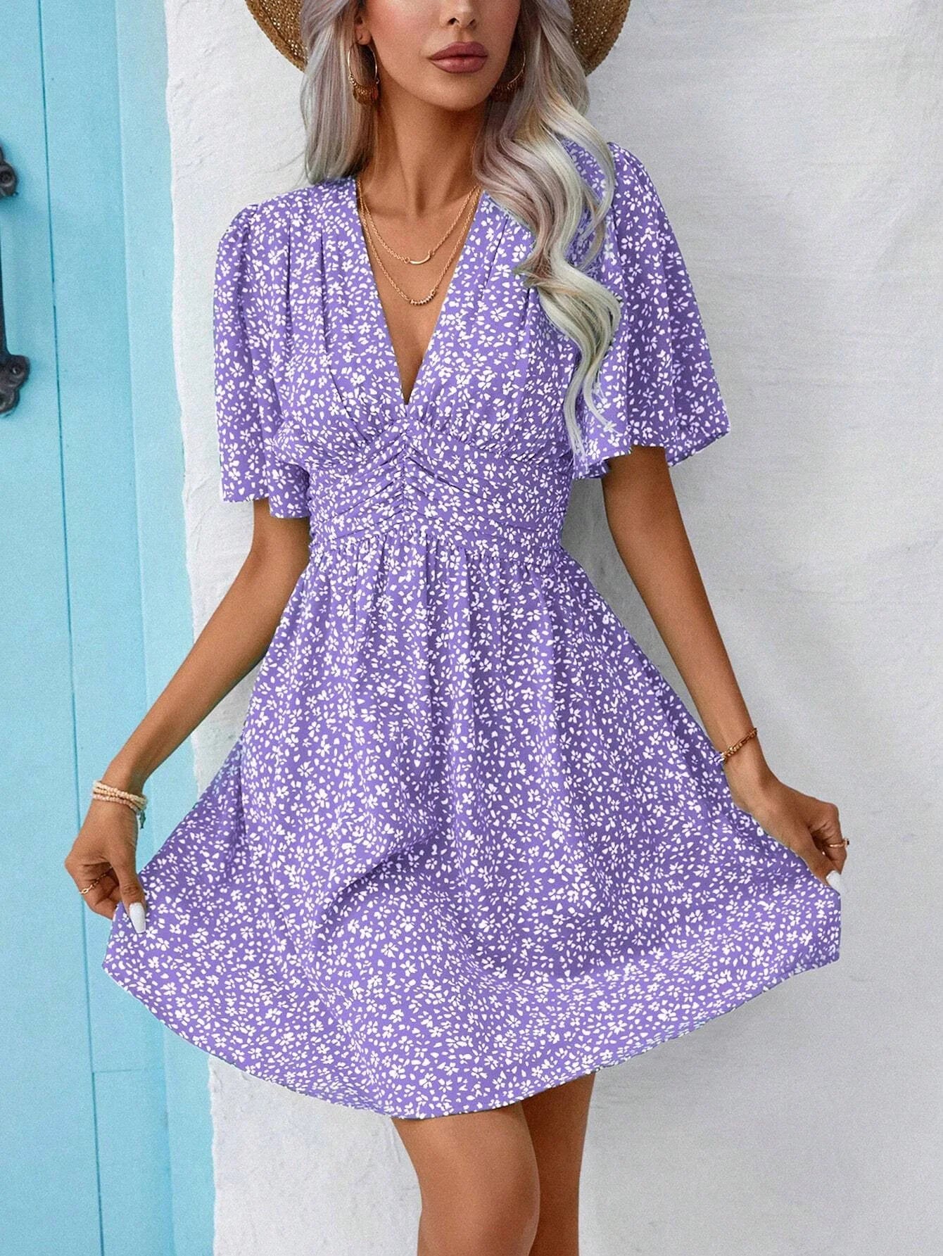 V-Neck Floral Print Pleated Short Sleeve High-Waisted Summer Dress