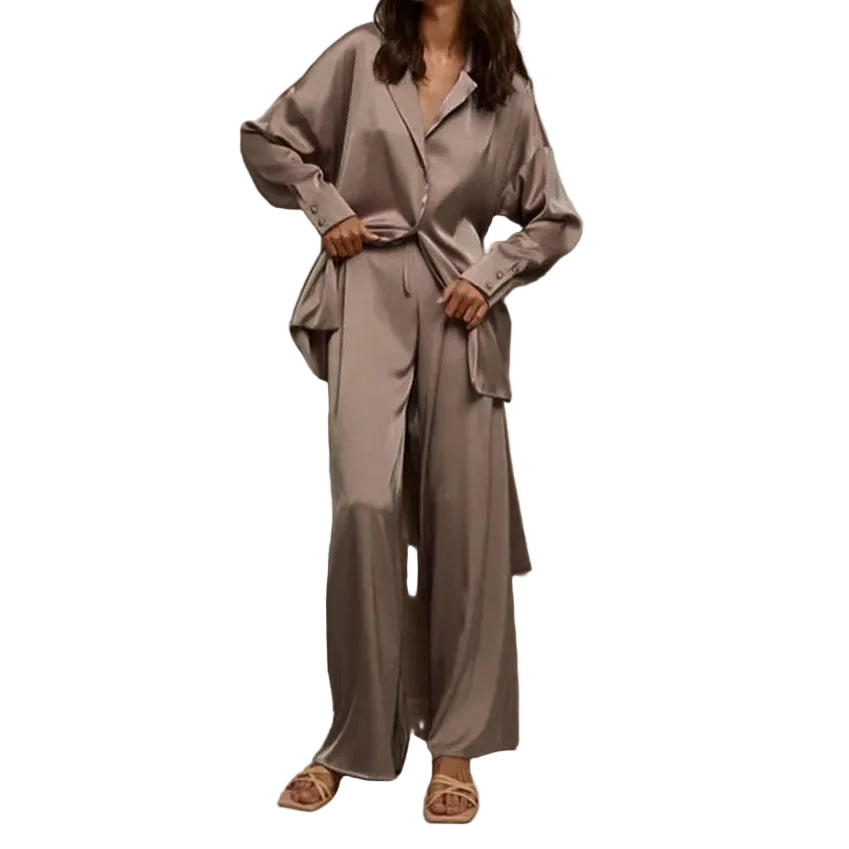 Satin Pajama Set - Luxury Two-Piece Sleepwear with Belt