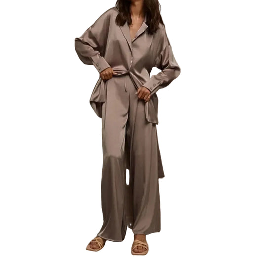 Satin Pajama Set - Luxury Two-Piece Sleepwear with Belt