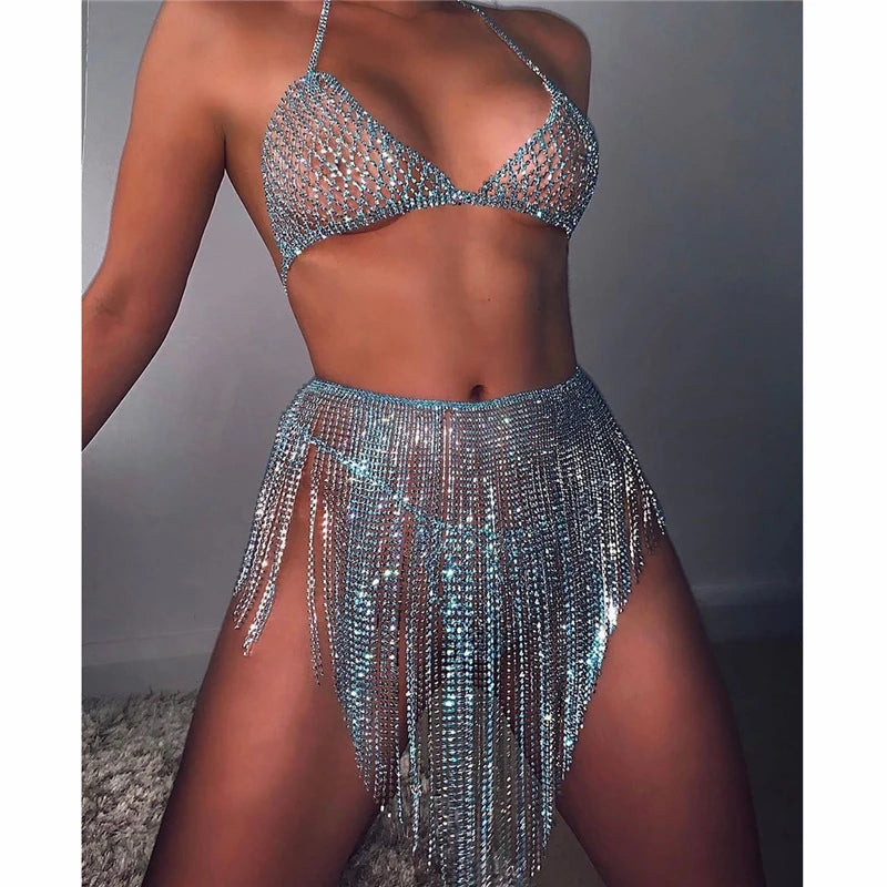 Rhinestone Body Chain Set - Blue Tassel Crystal Bikini Jewelry