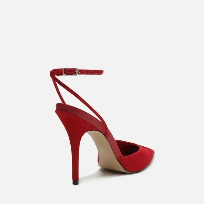 French-Style Pointed Toe Ankle Strap High Heel Shoes - Button Detail