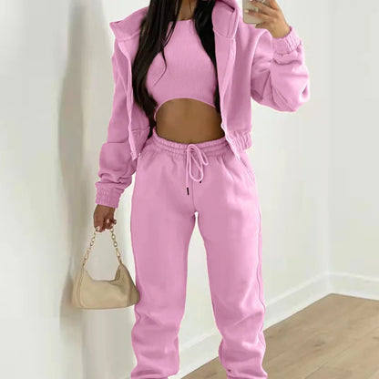 3-Piece Athleisure Set - Hooded Sweater, Tank Top & Sweatpants