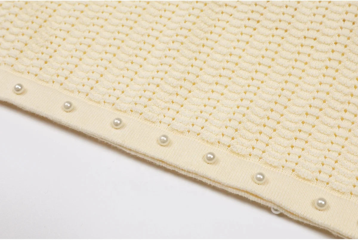 Two Piece Knit Beaded Set - Short Sleeve Top & Skirt