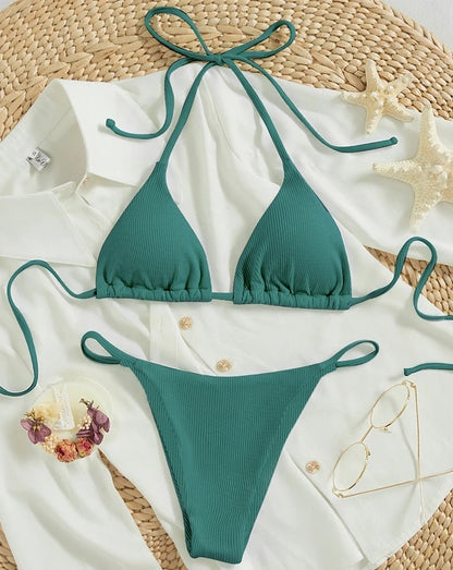 Ribbed Bikini Set with Printed Pattern - Sexy Two-Piece Swimsuit