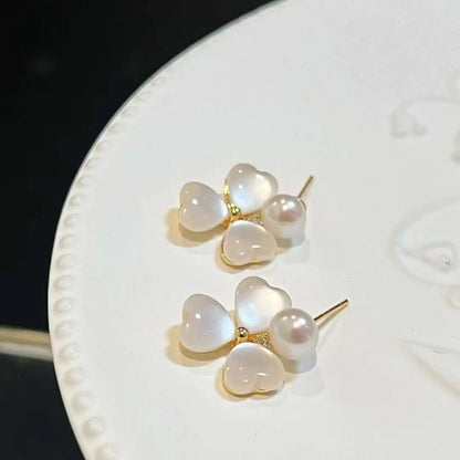 Cat's Eye Clover Freshwater Pearl Huggie Earrings