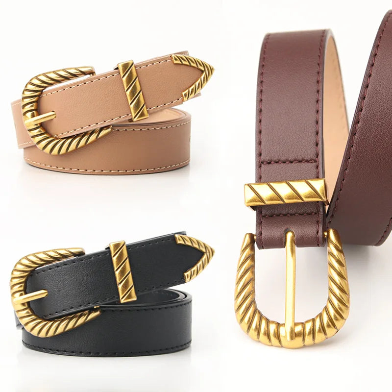 Women's Vintage PU Leather Belt - Alloy Buckle Design
