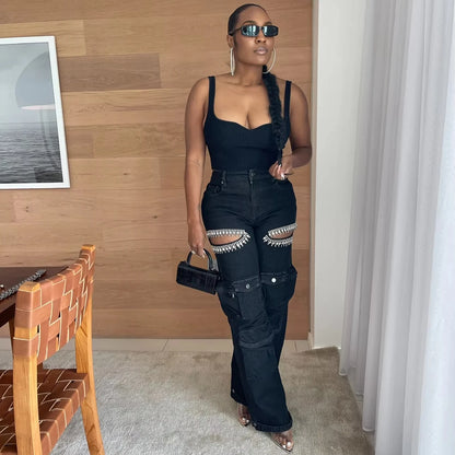 Women's High Waist Wide Leg Rhinestone Cargo Jeans - Loose Baggy Pants