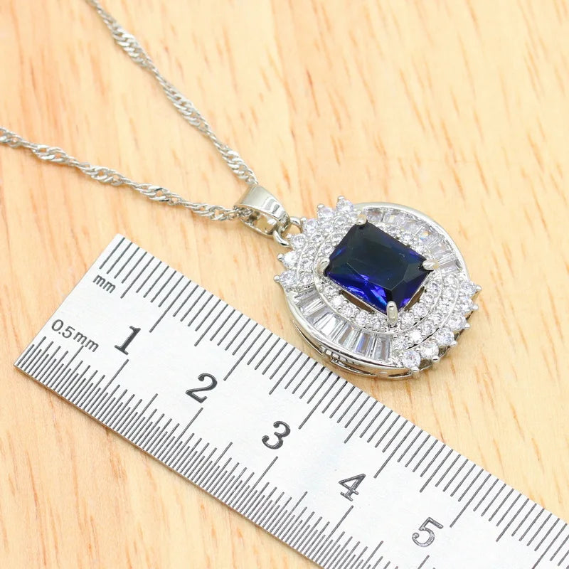 Blue Zircon Bridal Jewelry Set - 4-Piece Silver Necklace, Earrings, Ring & Bracelet