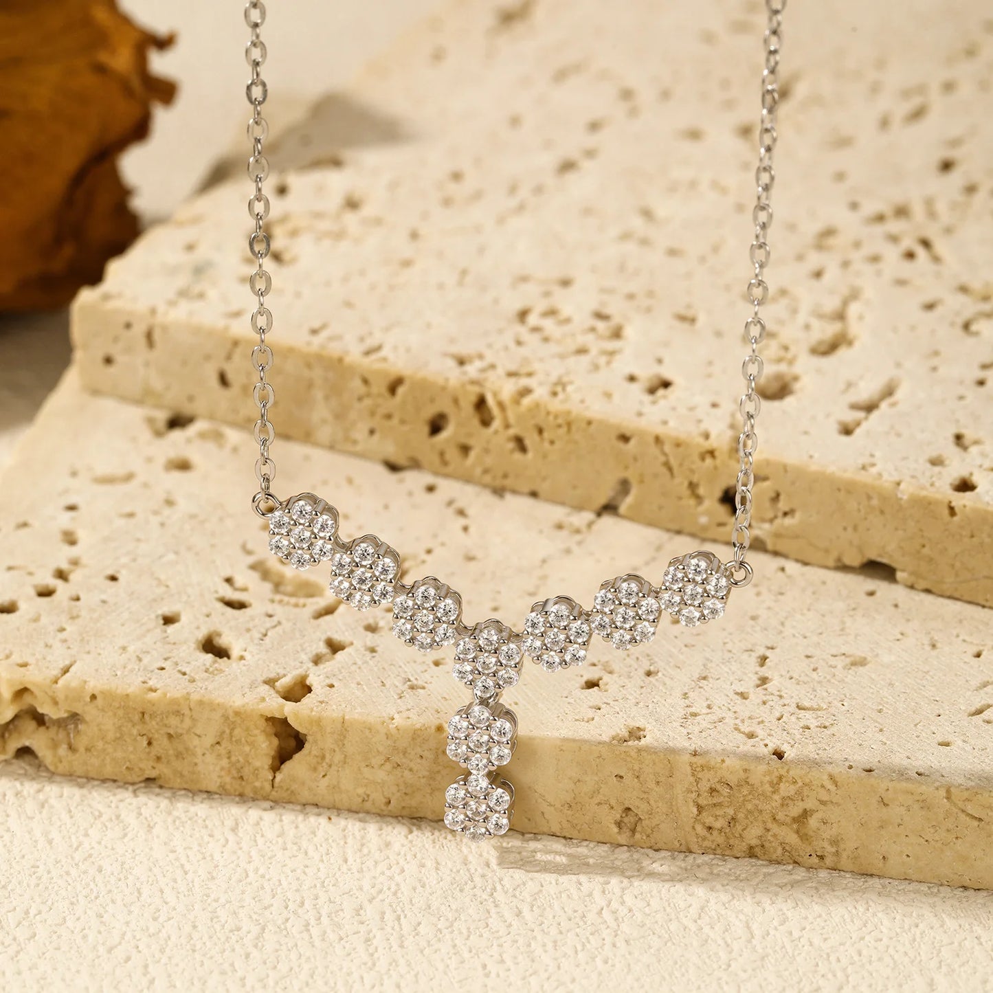 925 Sterling Silver Y-Necklace - Diamond Flower Pendant