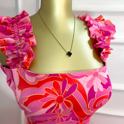 2-PiePrinted Vest & High Waist Swing Skirt