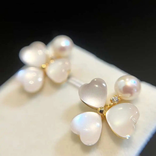 Cat's Eye Clover Freshwater Pearl Huggie Earrings