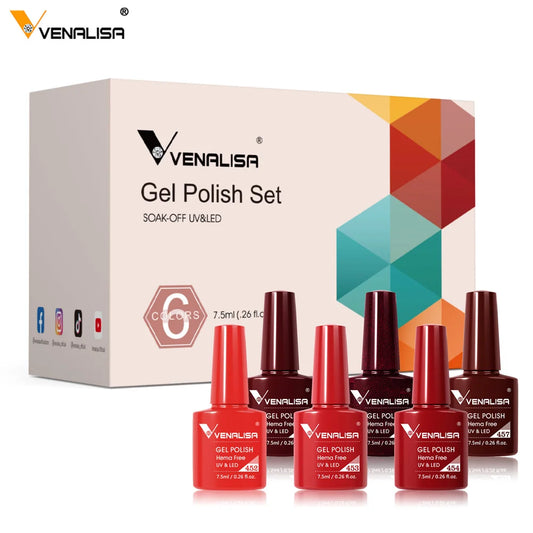 Venalisa Gel Nail Polish 6-Piece Kit - Red & Nude French Manicure Starter Set