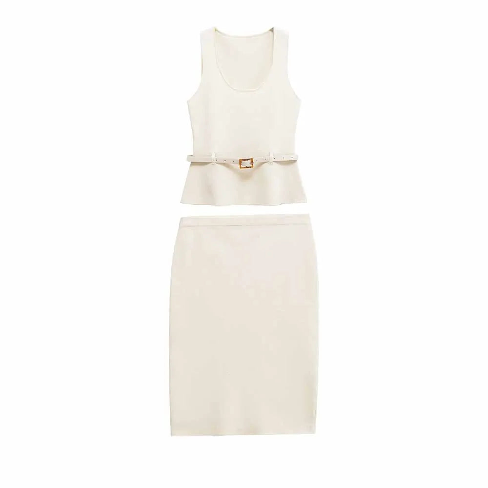 2-Piece Knit Set - Sleeveless Vest & Retro Midi Skirt Suit