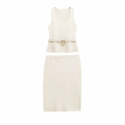 2-Piece Knit Set - Sleeveless Vest & Retro Midi Skirt Suit