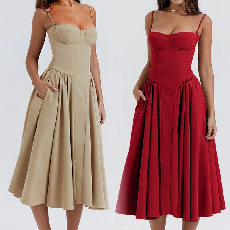 Elegant Retro Suspender A-Line Midi Dress