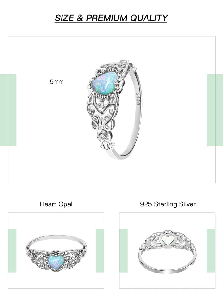 Heart Shape Opal Ring - 925 Sterling Silver Rhodium Plated