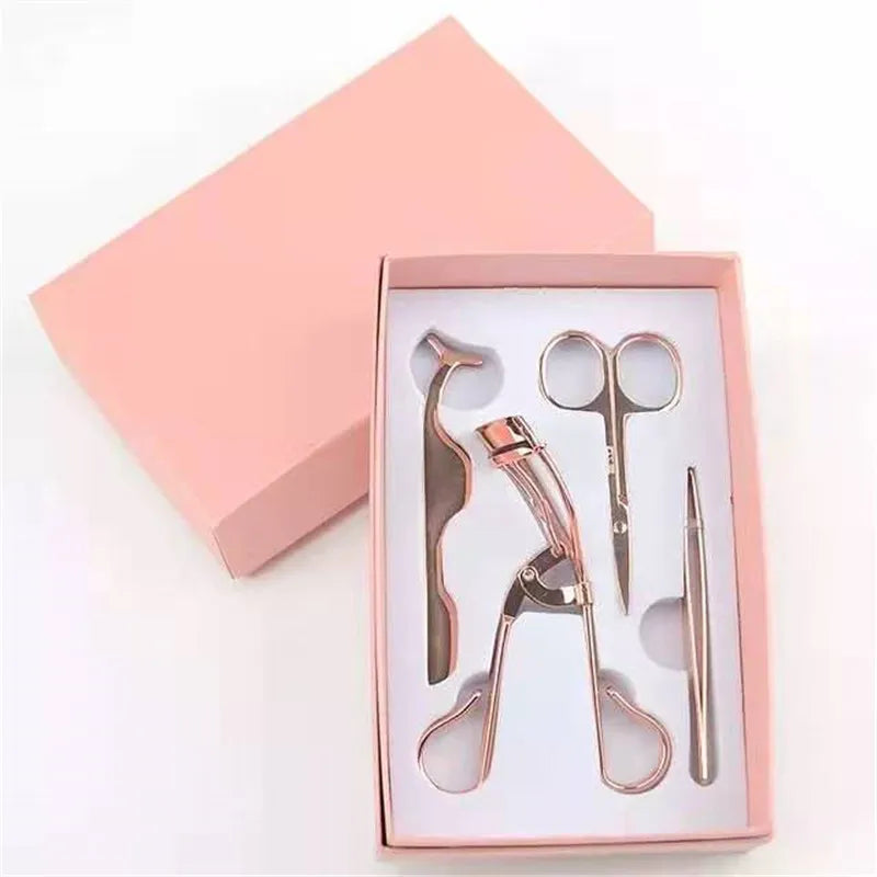 Rose Gold Eyelash Curler & Makeup Tools Set - 4-Piece Beauty Essentials Kit
