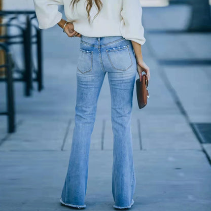 Wide Leg Ripped Jeans - Light Blue Casual Flare Denim Pants