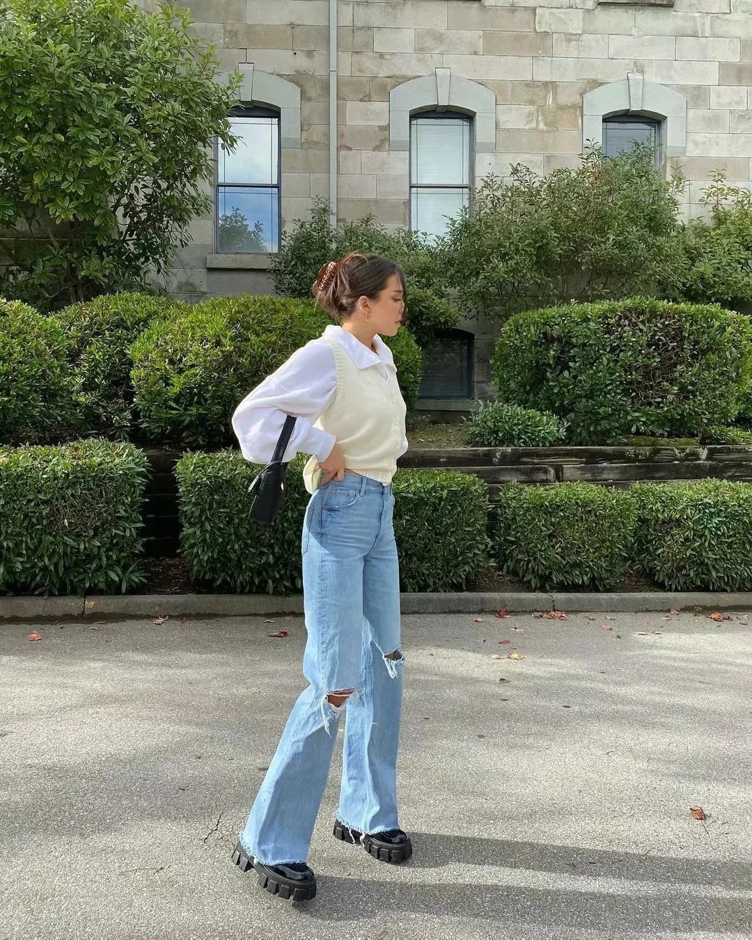 High Waist Flare Jeans - Ripped Denim Flared Pants